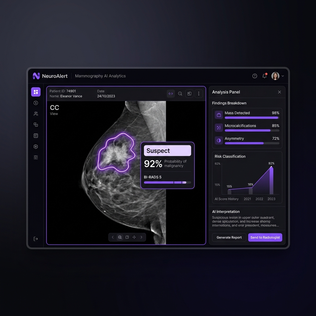 Interface NeuroAlert montrant l'analyse mammographique avec détection IA à 92% de probabilité